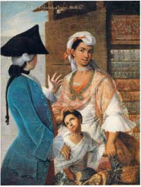 a casta painting of a Spanish man, Indian woman, and their child